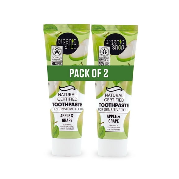 Organic Shop Apple & Grape Toothpaste, Gum Wellness, Cavity Protection, Natural Ingredients, Fluoride-Free, Tooth Sensitivity, Vegan & Cosmos Natural Certified. Pack of 2
