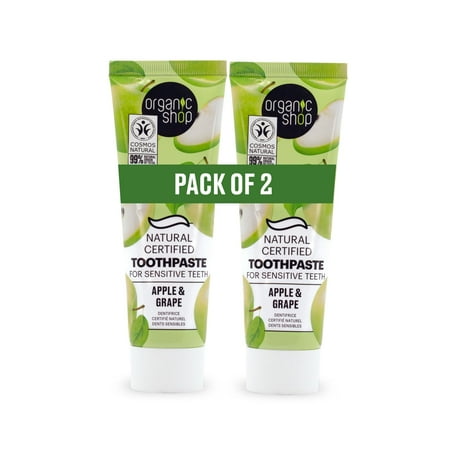 Organic Shop Apple & Grape Toothpaste, Gum Wellness, Cavity Protection, Natural Ingredients, Fluoride-Free, Tooth Sensitivity, Vegan & Cosmos Natural Certified. Pack of 2