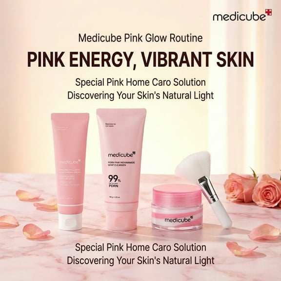 Medicube Pink Glow Skincare Set with Microfiber Hand Brush – Salmon Extract Complex, Radiance & Hydration, 4-Piece Set