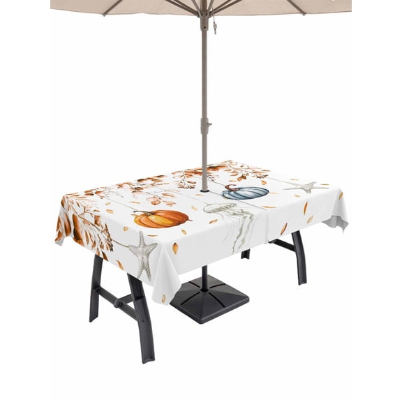 Outdoor Tablecloth with Umbrella Hole and Zipper, Orange Blue Pumpkins Fall Rectangle Table Cloth 54x80 Inch Waterproof Tablecloth, Coastal Starfish Eucalyptus Leaves Picnic Table Cover for Patio