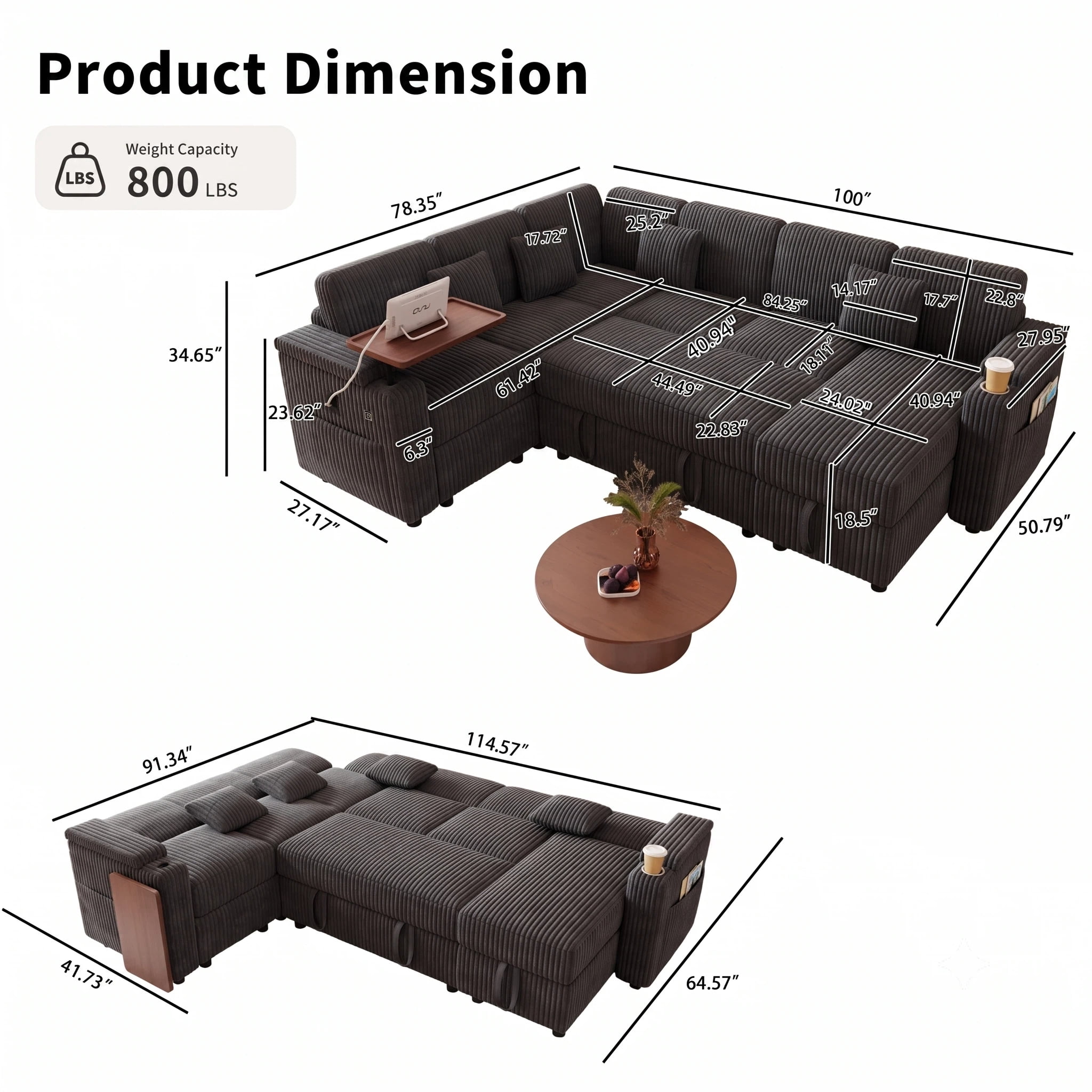 AISWORD 100" Modular U Shaped Sectional Sofa Bed with Pull Out Bed, Large 7‑Seat Convertible Couch with Storage Chaise, USB Charging Ports & Cup Holders, Dark Gray