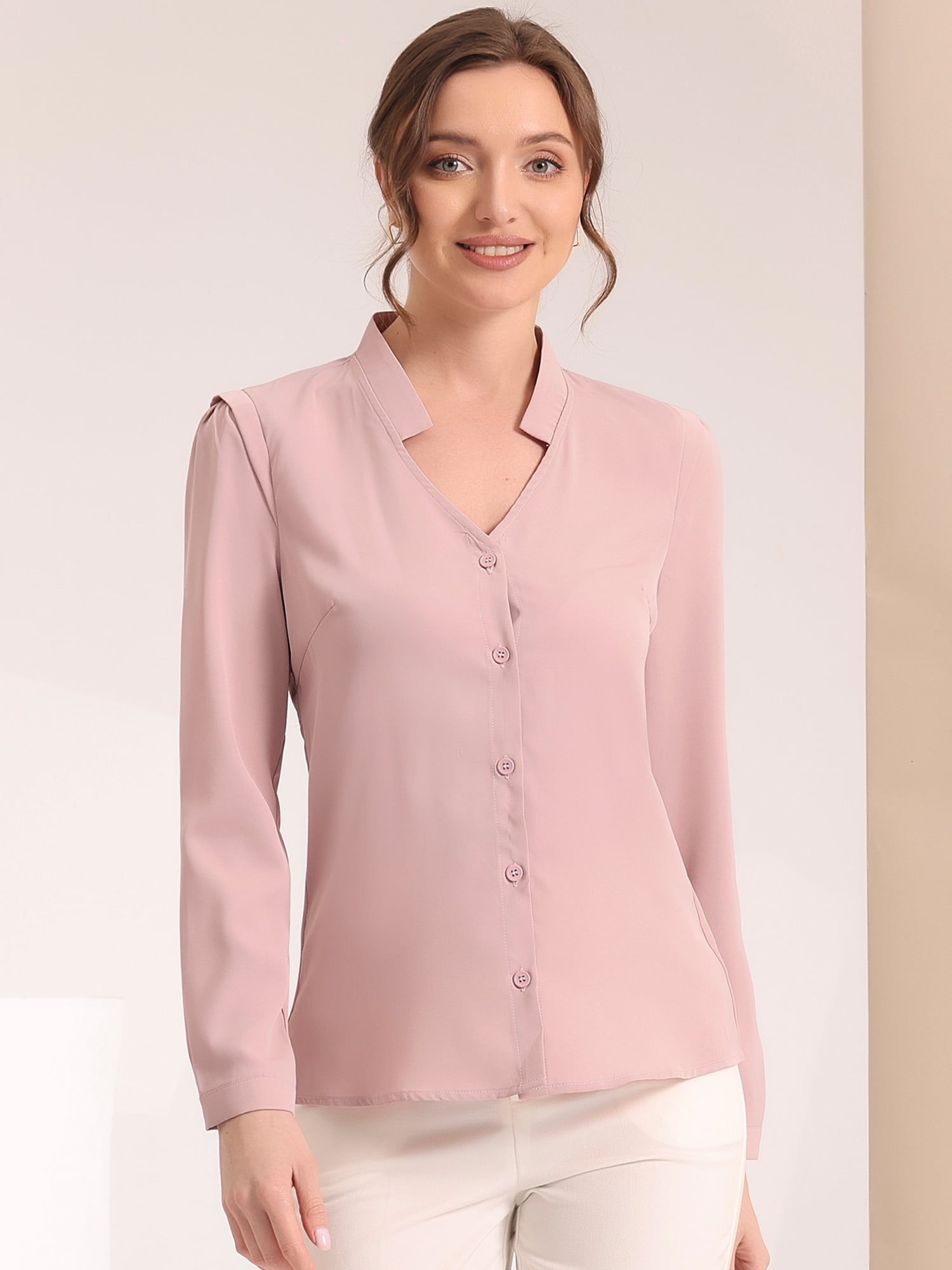 DARING DIVA Women's Elegant V Neck Long Sleeves Button Down Shirt XS Grey Pink