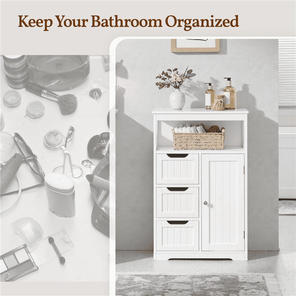 Alden Design Wooden Floor Cabinet Bathroom Storage Organizer Multiple Tiers Shelves Cabinet for Bedroom Bathroom Living Room Cabinet,White