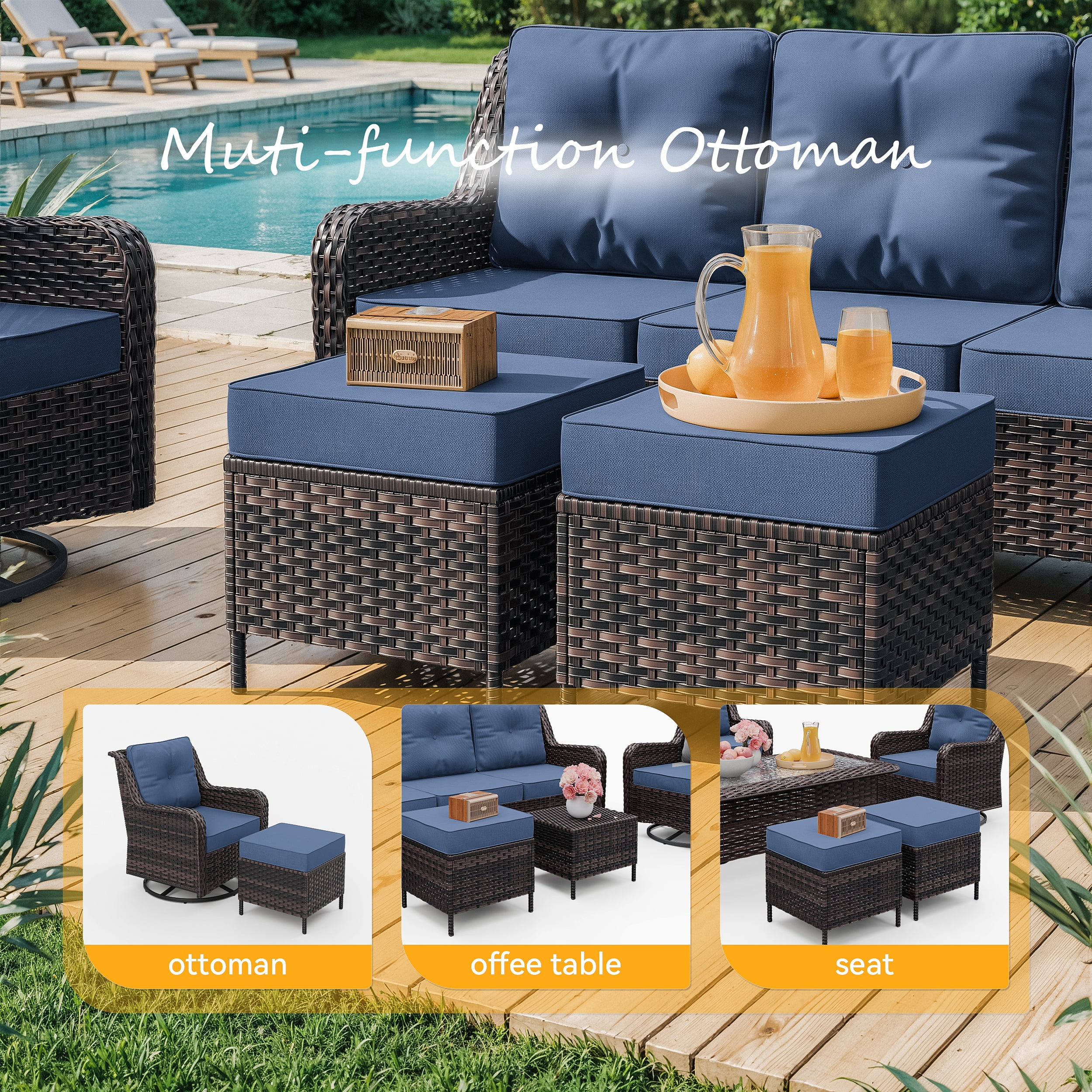 Gotland 3-Piece Outdoor Patio Furniture Set, Thickened Wicker Swivel Chairs & Side Table, All-Weather Outdoor Conversation Set for Backyard, Porch, Balcony and Deck, Navy Blue