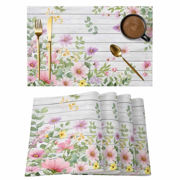 Pink Purple Flower Placemats Set of 6, Spring Farmhouse Floral Leaf Wood Grain Placemats for Dining Table, Place Mats for Kitchen Tabletop, Waterproof Wipeable Dining Table Mats Set