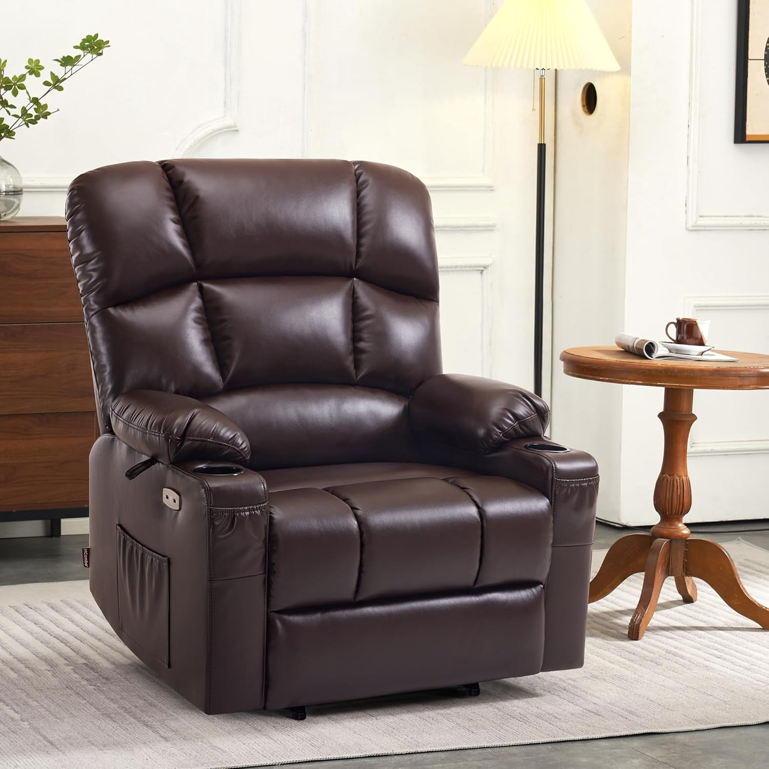 MCombo Large-Wide Lay Flat Dual Motor Power Lift Recliner Chair Sofa with Massage and Heat for Big Elderly People, Infinite Position, Faux Leather R7688 (Dark Brown, Large-Wide)