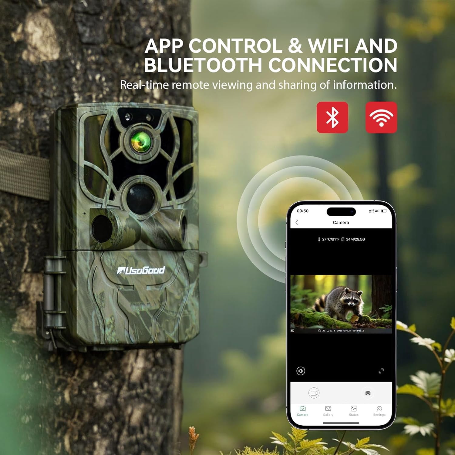 Usogood 4K 48MP WiFi Trail Camera with Phone App, Game Camera with Night Vision Motion Activated IP66 Waterproof, 120°PIR Range for Deer & Wildlife