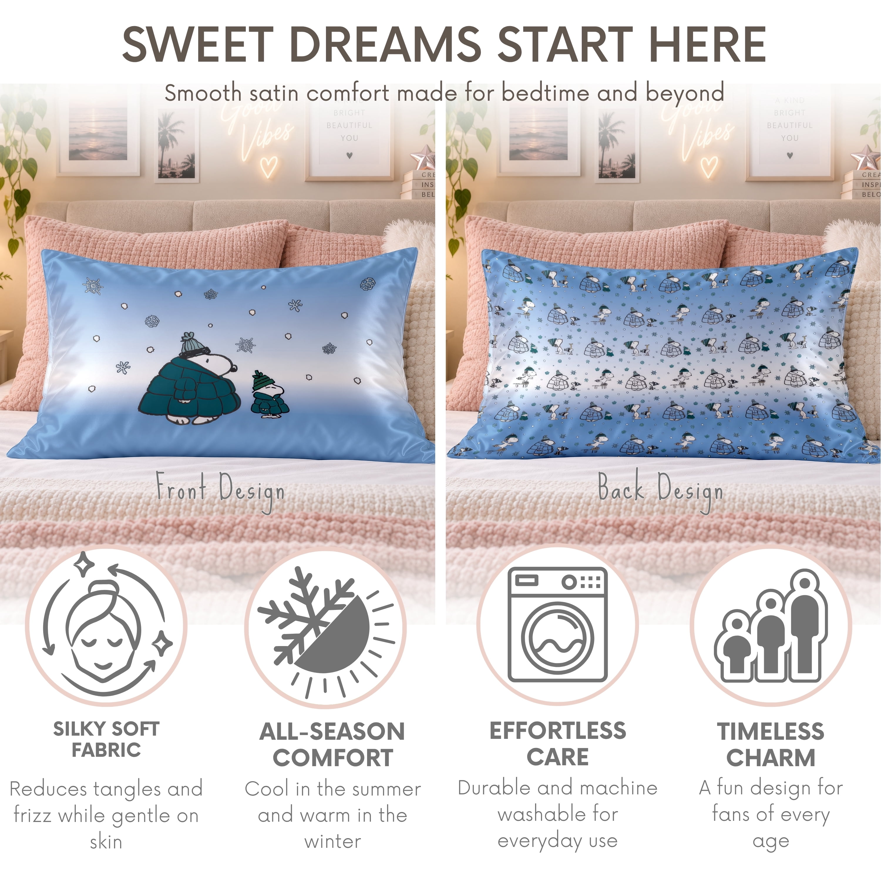 Peanuts Snoopy Puffy Coat Reversible Silky Satin Pillowcase, Standard Size, 1-Pack