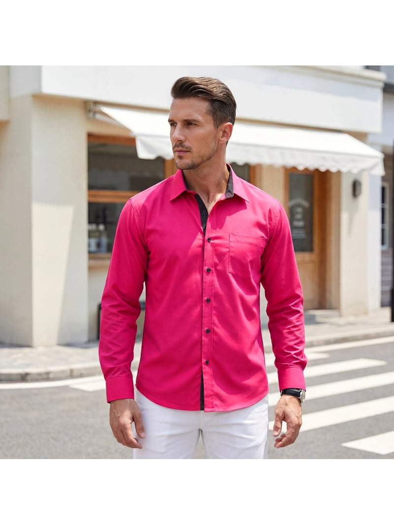 Sumtumn Mens Dress Shirt Button-Up Long Sleeve Regular Fit Shirt with Paisley Inner Contrast Hot Pink, Men's, Size: Medium
