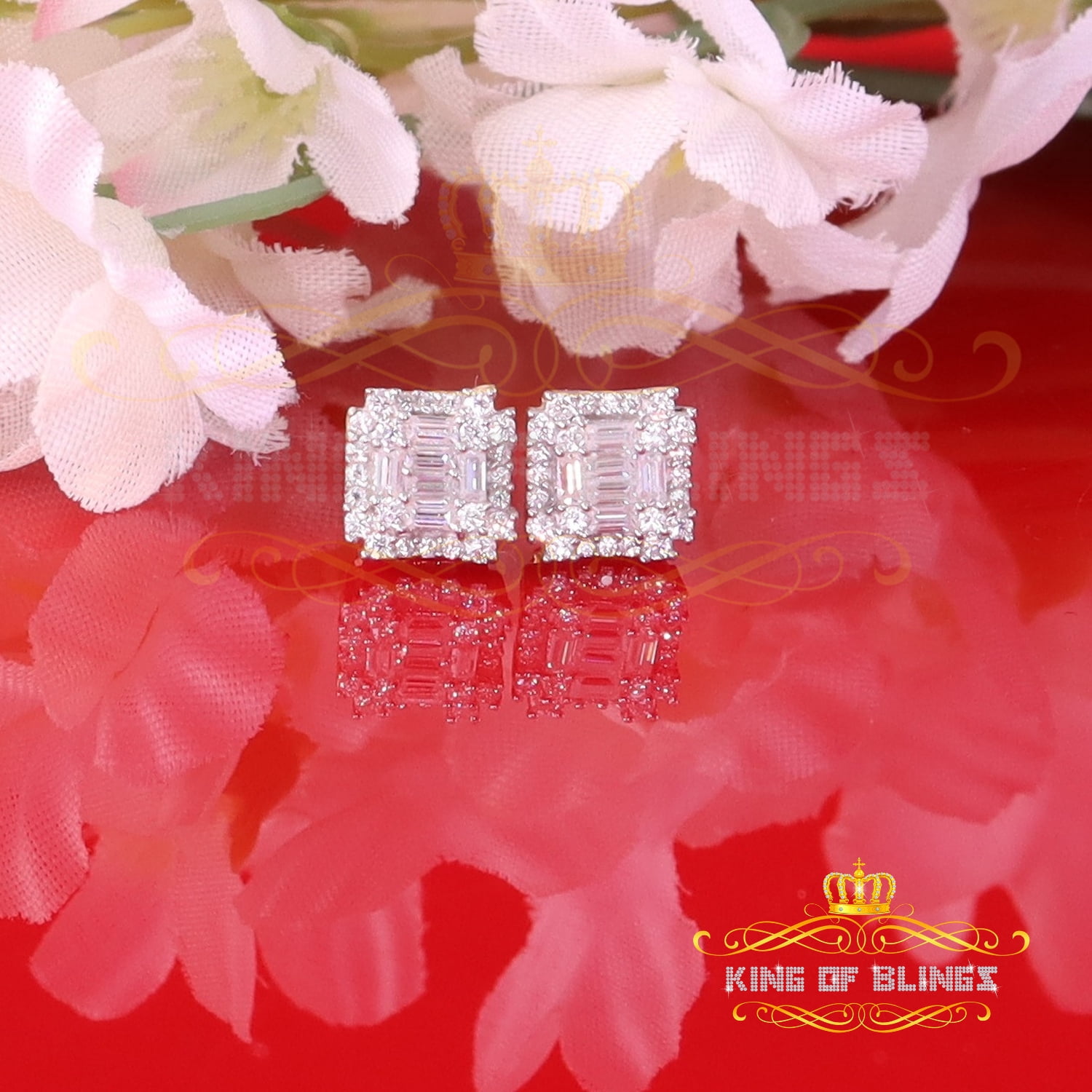 King of Bling's Men's/Women's 925 Silver Yellow 0.50ct VVS 'D' Moissanite Baguette Stud Earrings