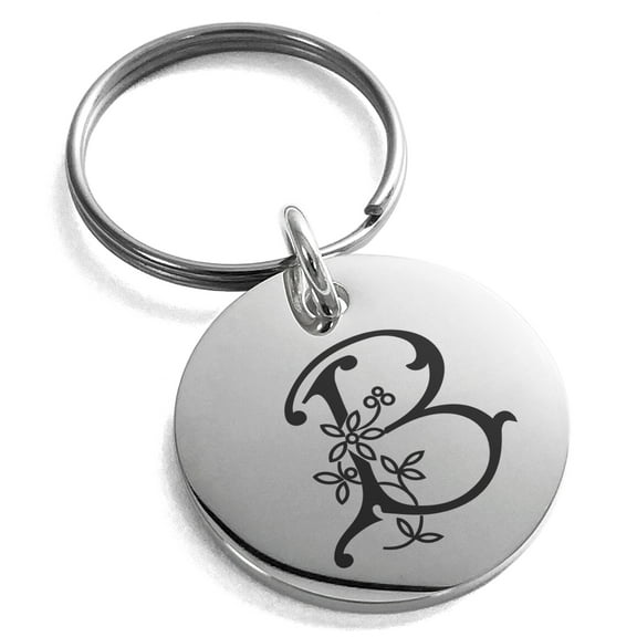Stainless Steel Letter B Initial Floral Monogram Engraved Small Medallion Circle Charm Keychain Keyring