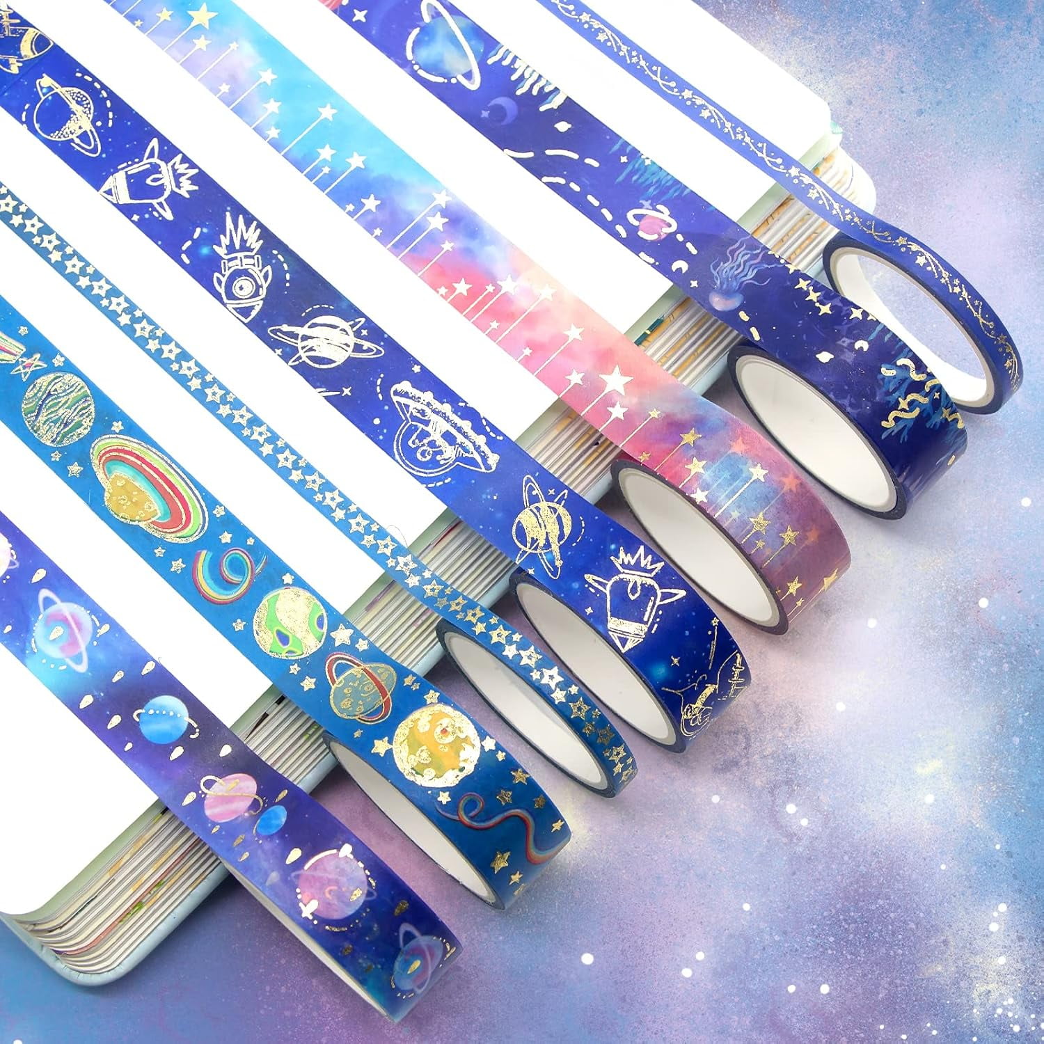 Washi Tape Set - Gold Foil Galaxy Decorative Masking Tape Constellation,Stars,Celestial,Adhesive Tape for Bullet Journal,Diy Craft,Scrapbooking Supplies,Gift Wrapping,Party Decoration