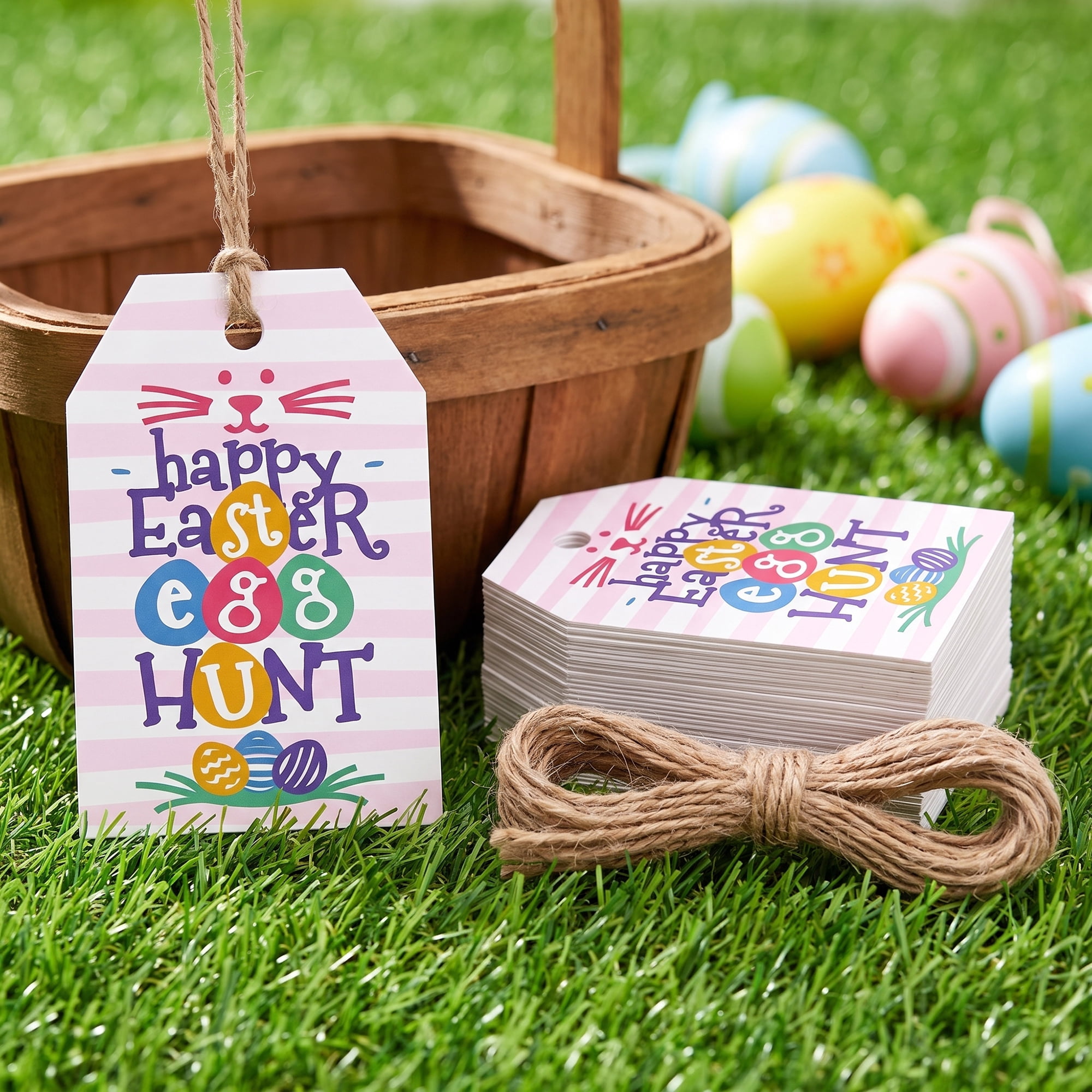 Unique Bargains 100Pcs Easter Gift Tags with Twine for Wrapping Pink 2" x 3.1"