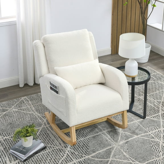 Mid-Century Modern Rocking Chair with High Back, Upholstered Armchair with 2 Side Pocket and Lumbar Pillow, Wood Frame Accent Chair for Living Room, Bedroom, Office, Grey