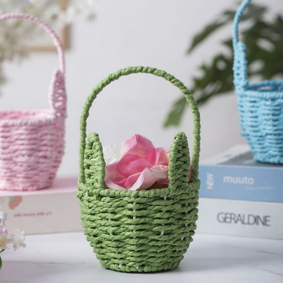 Wooowa Easter Long Ear Woven Storage Basket, Fabric Tote Bag for Eggs and Small Gifts, Home Tabletop Spring Festival Decor