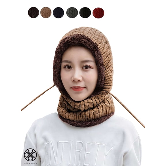 Luxtrada Womens Winter Beanie Hat Scarf Hat Set Conjoined Neck Head Warmer Wrap Warm Winter Hats Neck Scarves (Khaki)