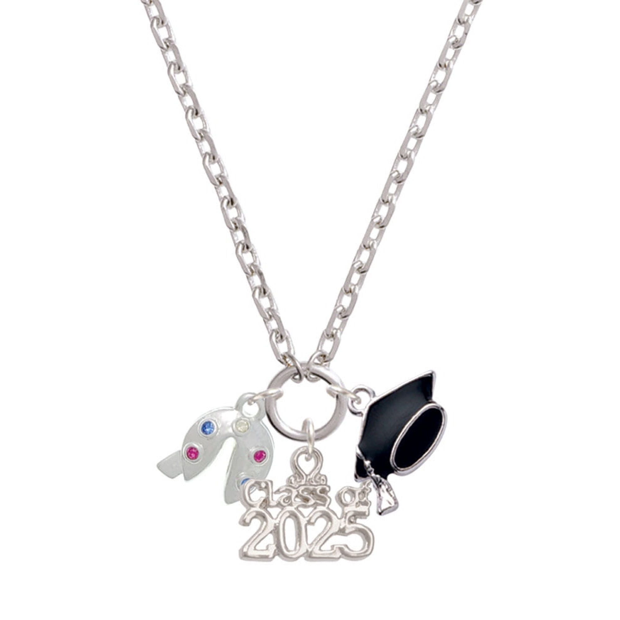 Delight Jewelry Multicolored Crystal Fortune Cookie - Silver-tone Class of 2025 Graduation Zoey Necklace, 28"