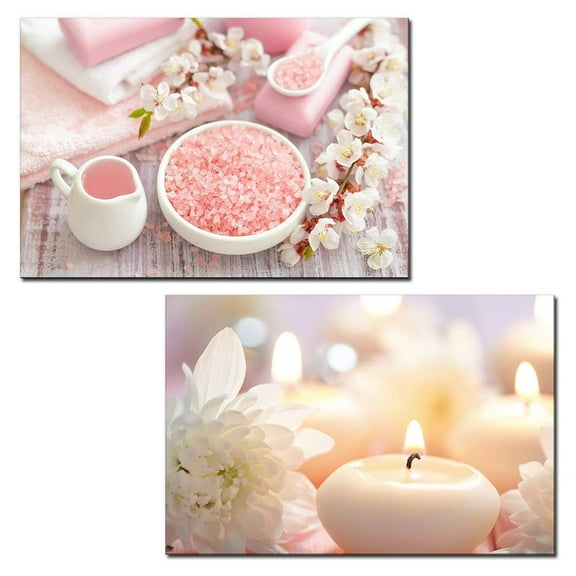 wall26 - 2 Panel Canvas Wall Art - Spa Still Life with Bath Salts, Towel and Candle - Giclee Print Gallery Wrap Modern Home Art Ready to Hang - 16"x24" x 2 Panels