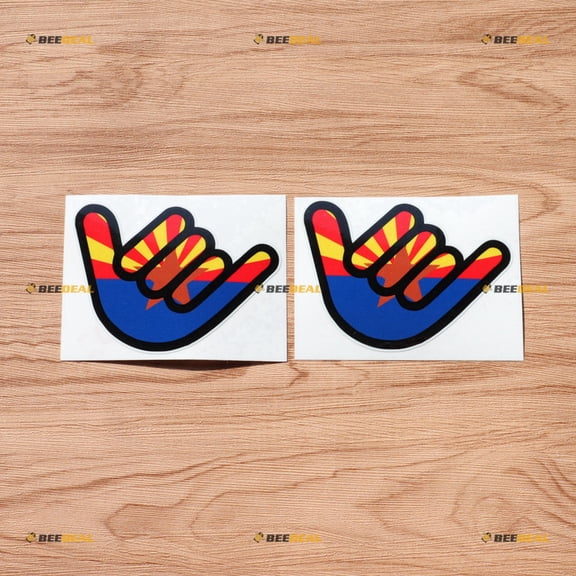 Shaka Sign Hang Loose Hawaii Arizona State Flag Decal Sticker Vinyl - 2 Pack Glossy, 4 Inches - for Car Boat Laptop