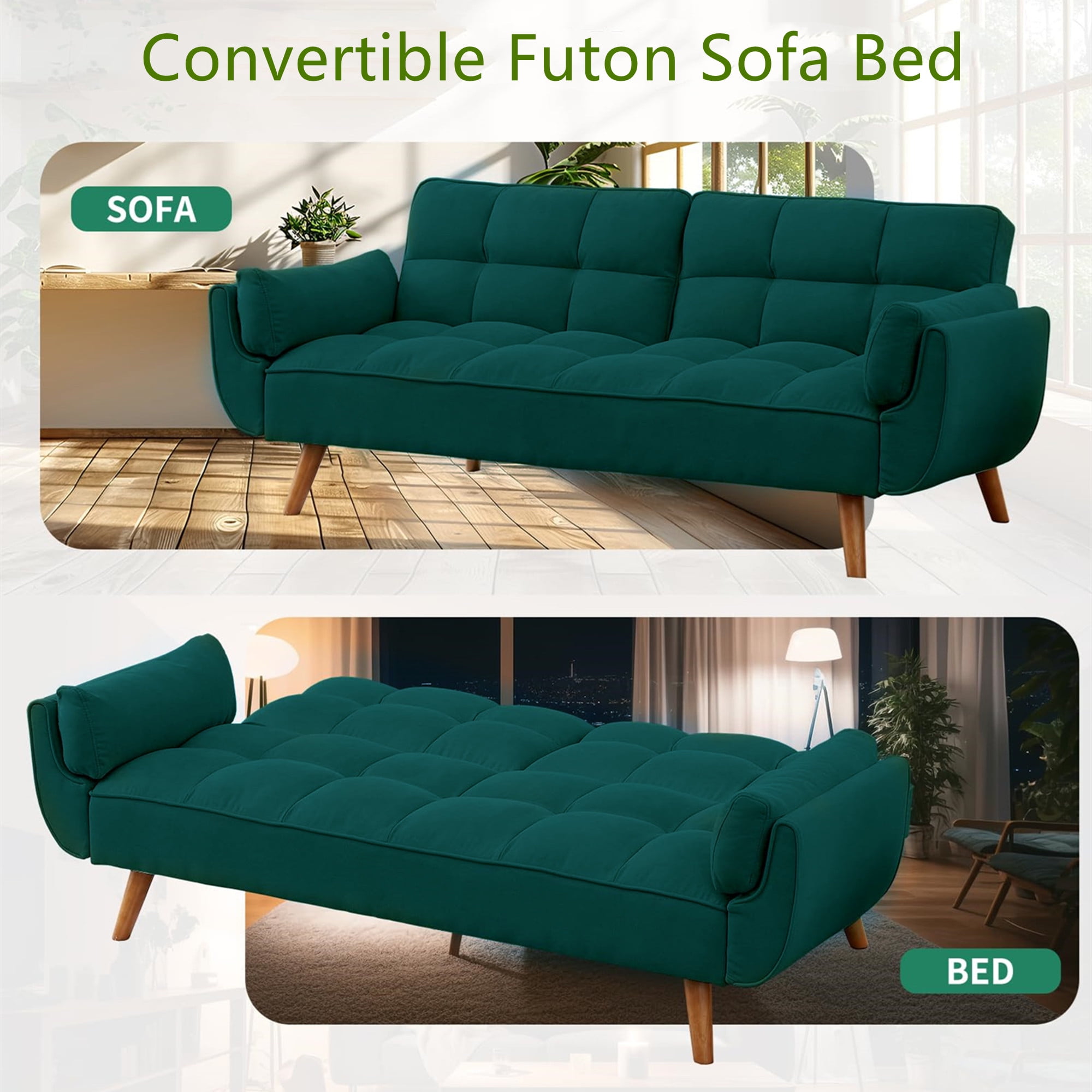 Aukfa 75" Flared Arm Futon Convertible Sofa Bed, Linen Sleeper Couch for Home Office, Green