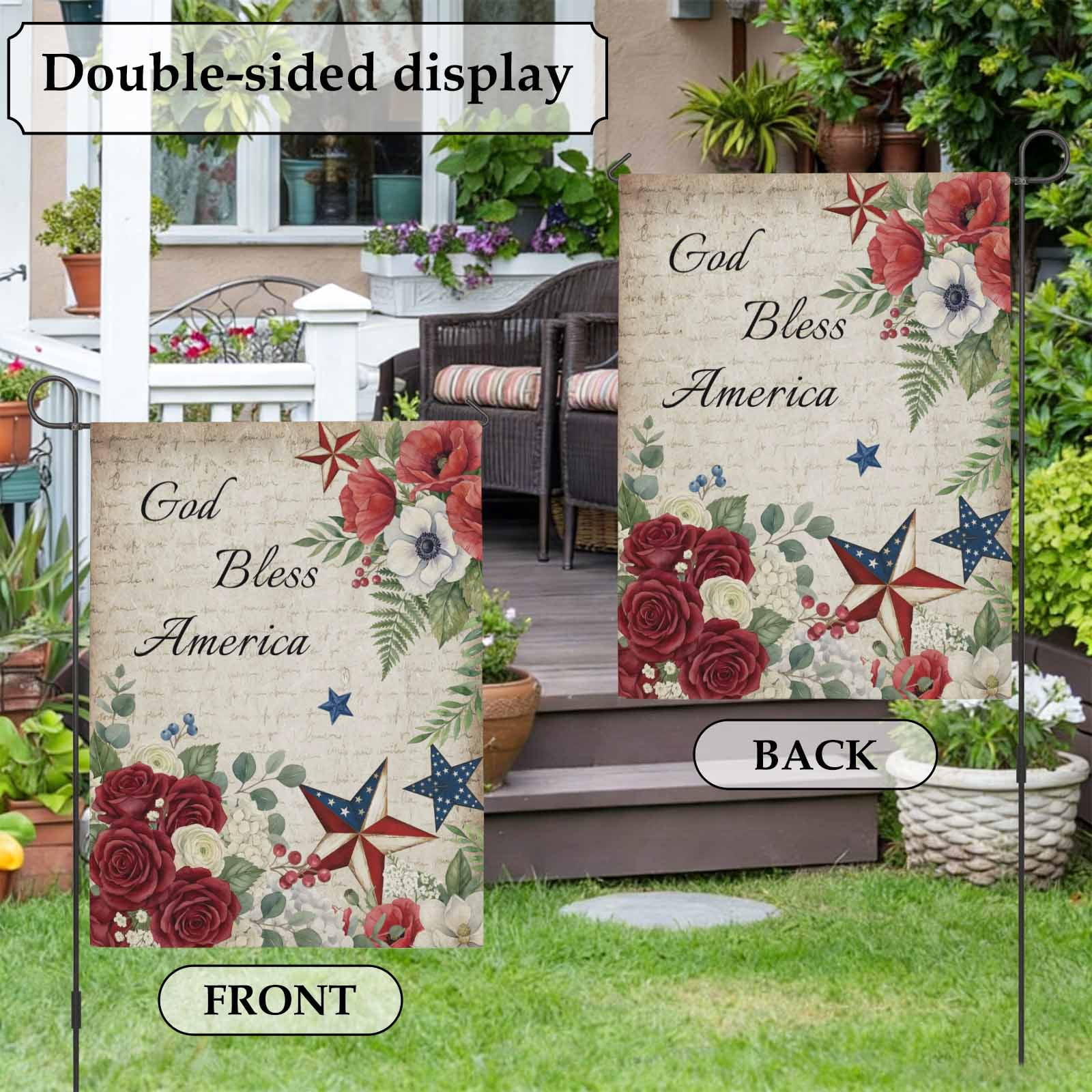4th of July House Flag 28 x 40 Inches, God Bless America Stars Red Flowers Leaf Vintage Weather Proof Outdoor Patio Flags Double Sided Small House Decoration for Yard Lawn Outside Home