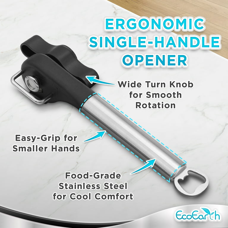 Ecoearth Handheld Smooth Edge Safety Can Opener & Bottle Opener, Black & Silver