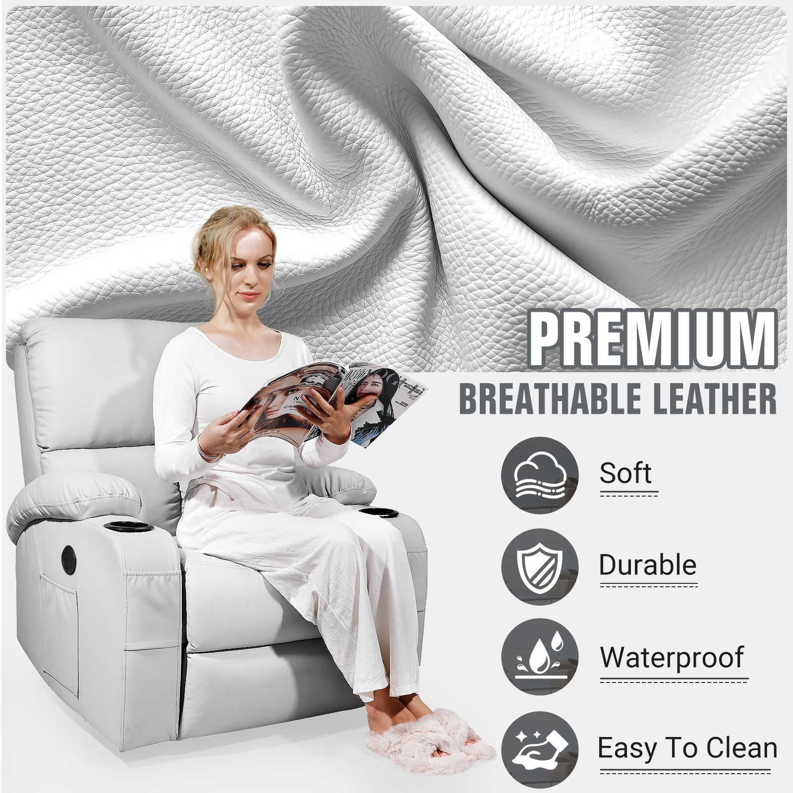 Rocking Recliner Chair, Massage Rocker Recliner Chair with Vibration Massage and Heat, USB and Type-C Ports,360° Swivel Faux Leather Chairs, Living Room, Bedroom, Nursery, RV, Light Grey