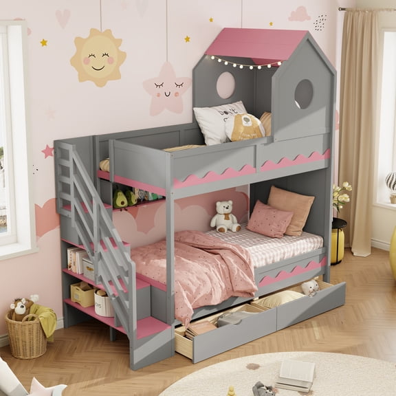 ChenyueFurn Twin Over Twin Bunk Bed with Storage Stairs & Drawers,Gray