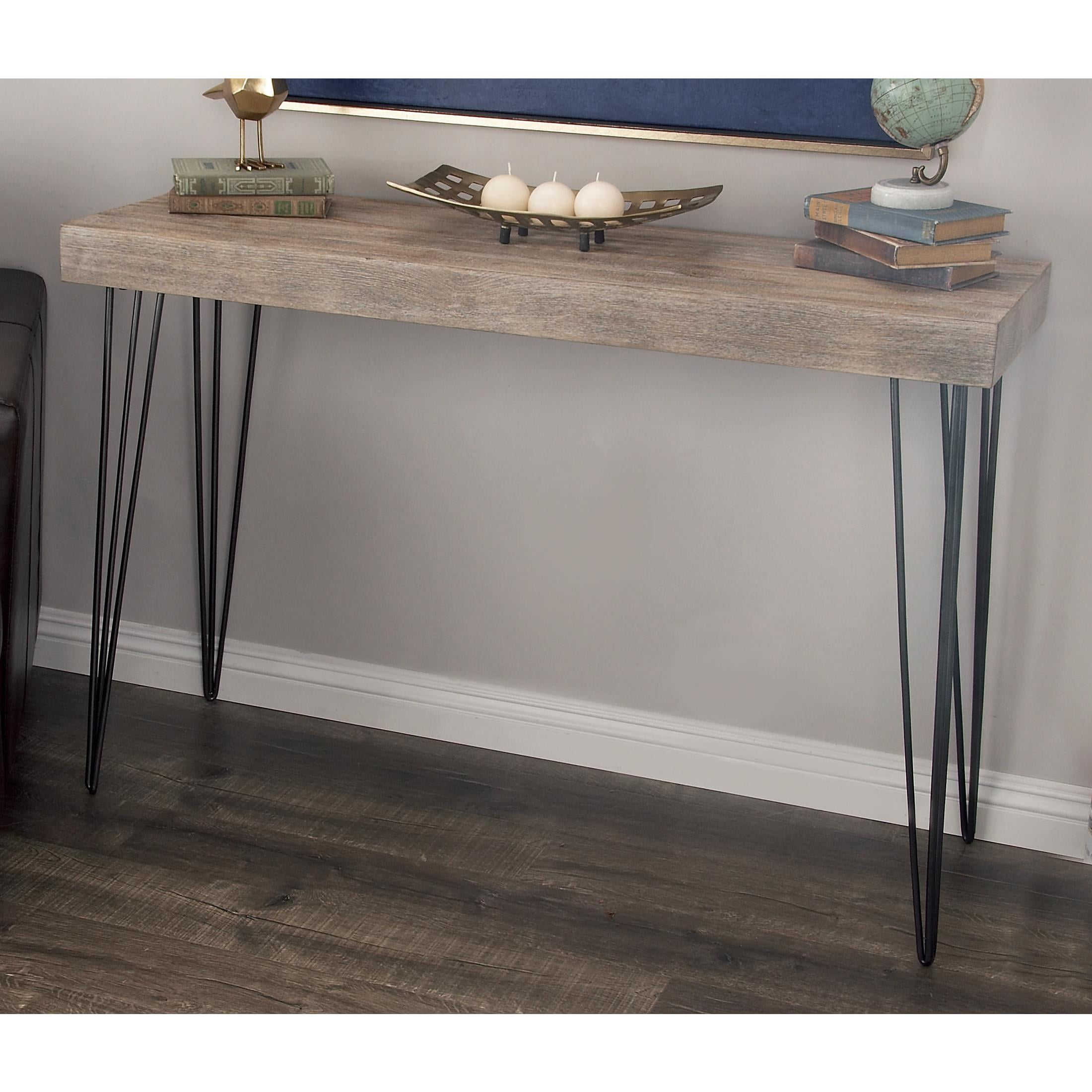 DecMode 47" x 31" Brown Wood Rectangular Console Table with Black Metal Hairpin Legs, 1-Piece
