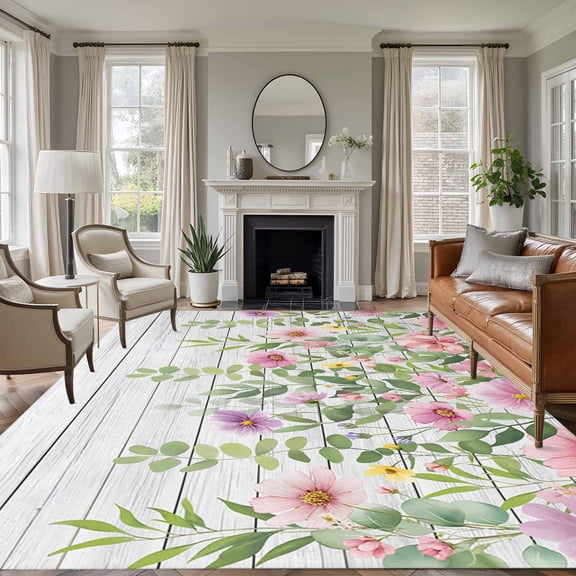 Colorful Flowers Area Rug 8x10 Washable Rug Non Slip Spring Leaves Floral Botanical Wood Grain Large Area Rug Soft Stainresistant Indoor Floor Carpet for Living Room Bedroom Home Office Dining Room