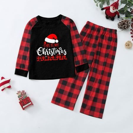 

LEEy-world Christmas Gifts Matching Family Pajamas Sets Christmas PJ s Letter Print Top and Plaid Pants Jammies Sleepwear