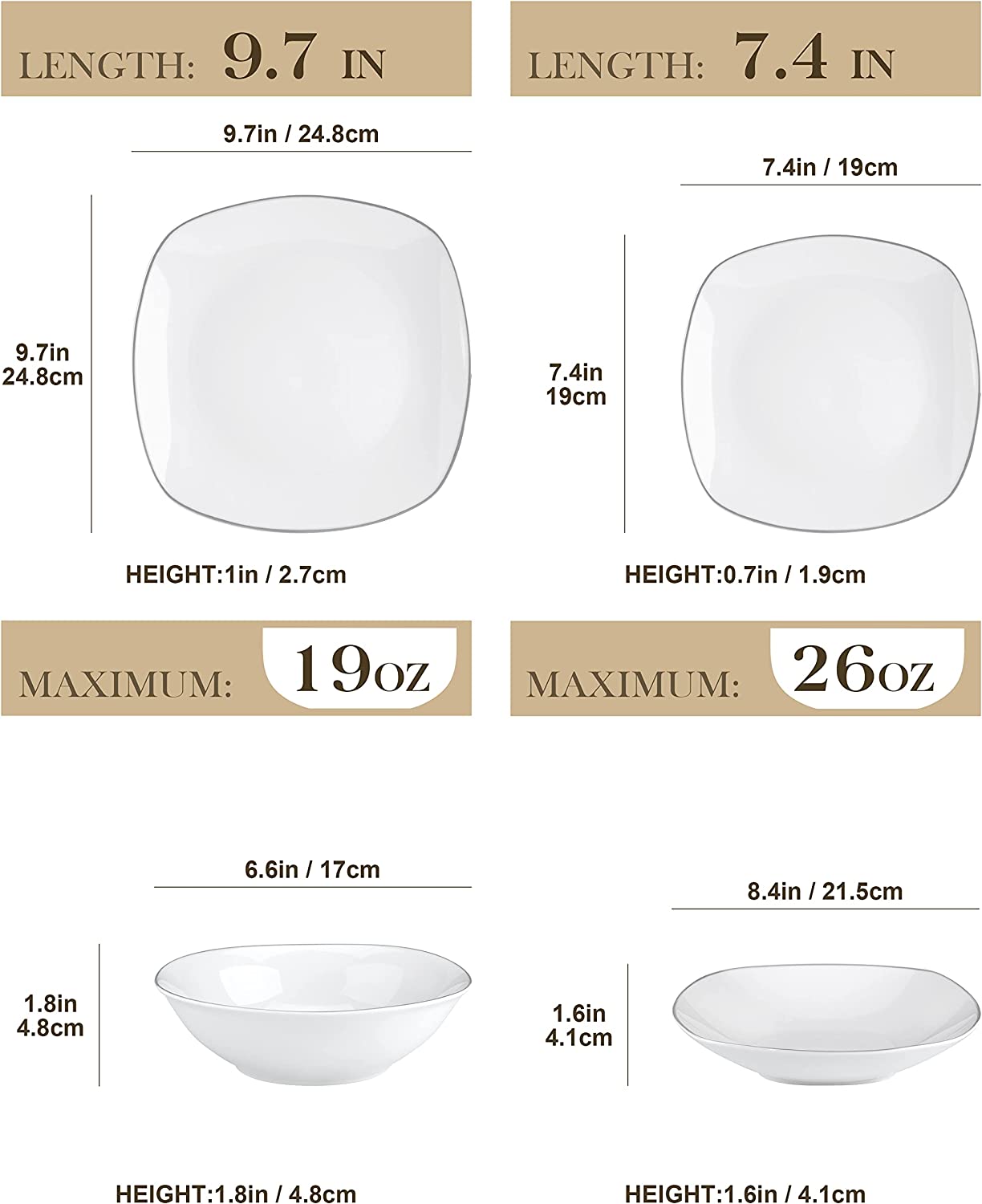 MALACASA Porcelain Dinnerware Sets, 24 Piece Round White Dishes With Silver Line, Dish set Service for 6, Series ELISA