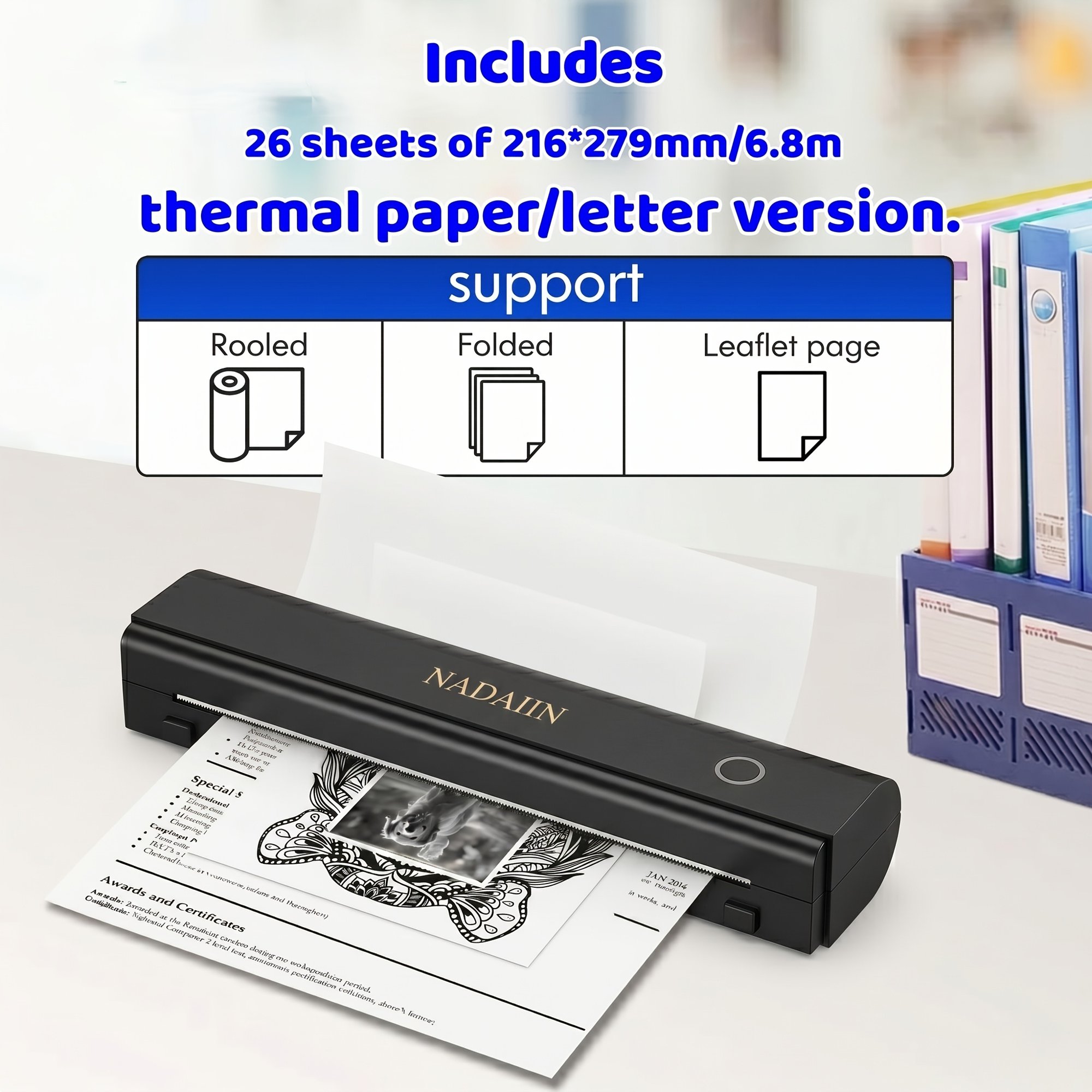 A4 Portable Inkless Thermal Printer with Paper Tray, Wireless Mobile Printer Compatible with Mobile Phones and Laptops, Black