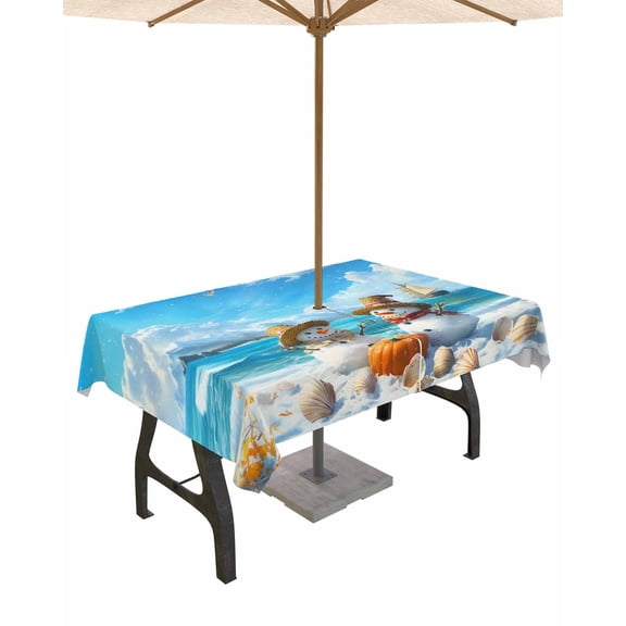 Boanket Outdoor Tablecloth with Umbrella Hole for Patio/Picnic/Party/Camping, Blue Coastal Christmas Waterproof Table Cloth Rectangle Table Cover Washable, Beach Snowman Xmas Shell (60"x 84")