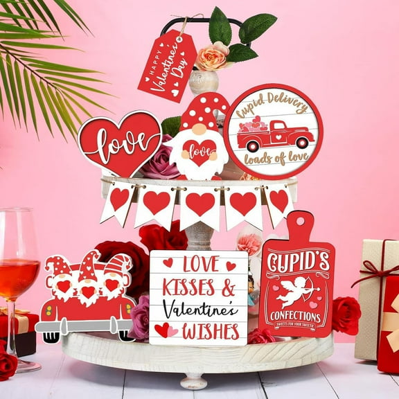 Wooden Valentines Day Tiered Tray Decorations Set of 12, Valentine's Day Accessories, Valentines Ornaments, Valentines Day Indoor Decor