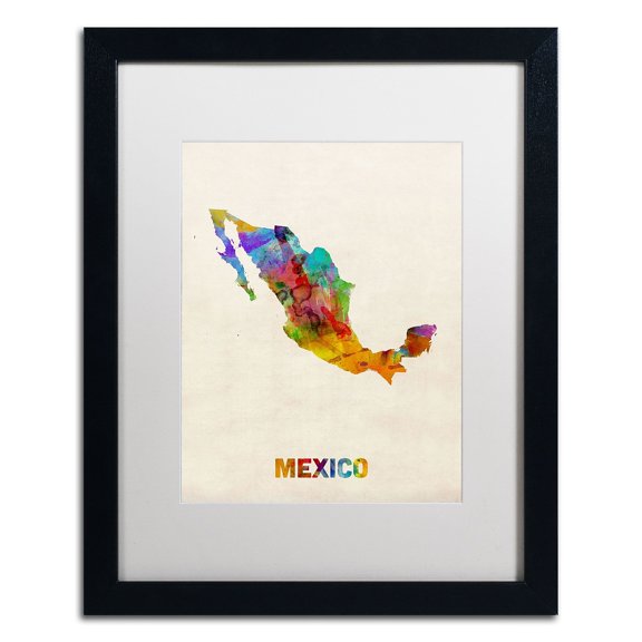 Trademark Fine Art "Mexico Watercolor Map" Canvas Art by Michael Tompsett, White Matte, Black Frame