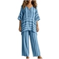 thumbnail image 2 of Mifsaly Linen Pant Sets Women 2 Piece Outfits Oversized Striped Tunic Top and Relaxed Fit Wide Leg Pant Lightweight Breathable Summer Vacation Matchinglounge Clothes Blue,XL, 2 of 5