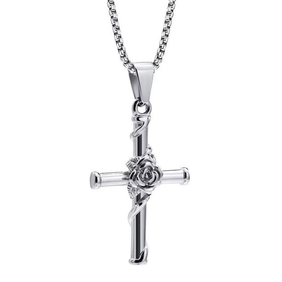 PAMTIER Unisex Stainless Steel Personality Hip Hop Elegant Unique Rose Flower Cross Pendant Amulet Crucifix Necklace Simple Jewelry Silver 23.6" Chain