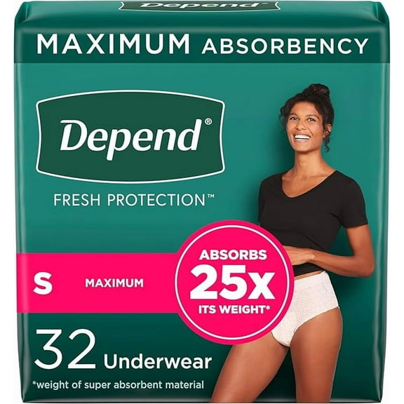 Depend Fresh Protection Adult Incontinence and Postpartum Bladder Leak Underwear for Women Disposable Maximum Small Blush 32 Count Packaging May Vary