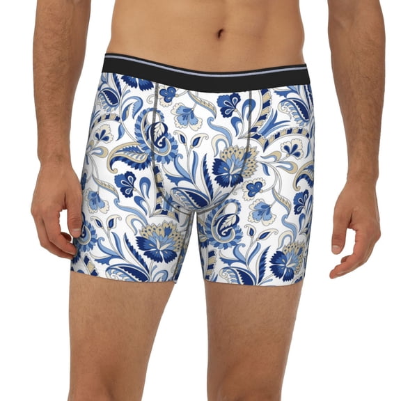 Mens Extended Length Boxer Briefs - Blue Paisley Underwear Boxer Briefs with Elastic Band