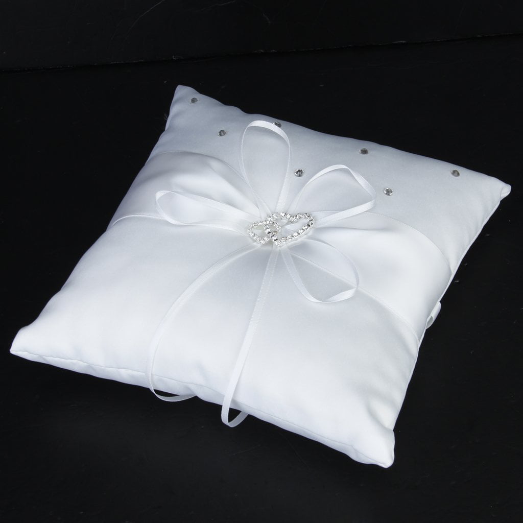 Double-Heart Rhinestone Satin Wedding Ring Pillow Cushion Bearer 20 x 20cm White