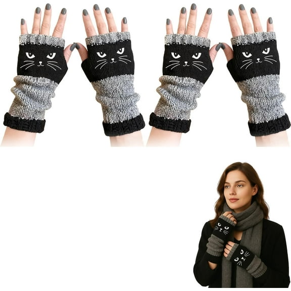 Cat Embroidery Splicing Knitted Gloves Warm Gloves Fashion Leaky Finger Casual Women's Glove