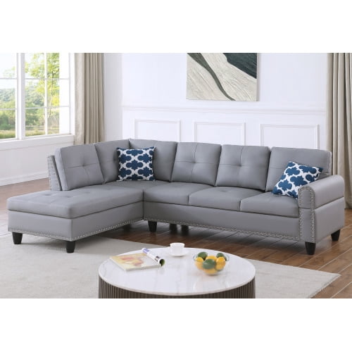 BSHTI Gray Faux Leather L-Shaped Sectional Sofa with Reversible Storage Chaise for Living Room, Storage Ottoman & Cup Holders, 3-Seat Contemporary Couch