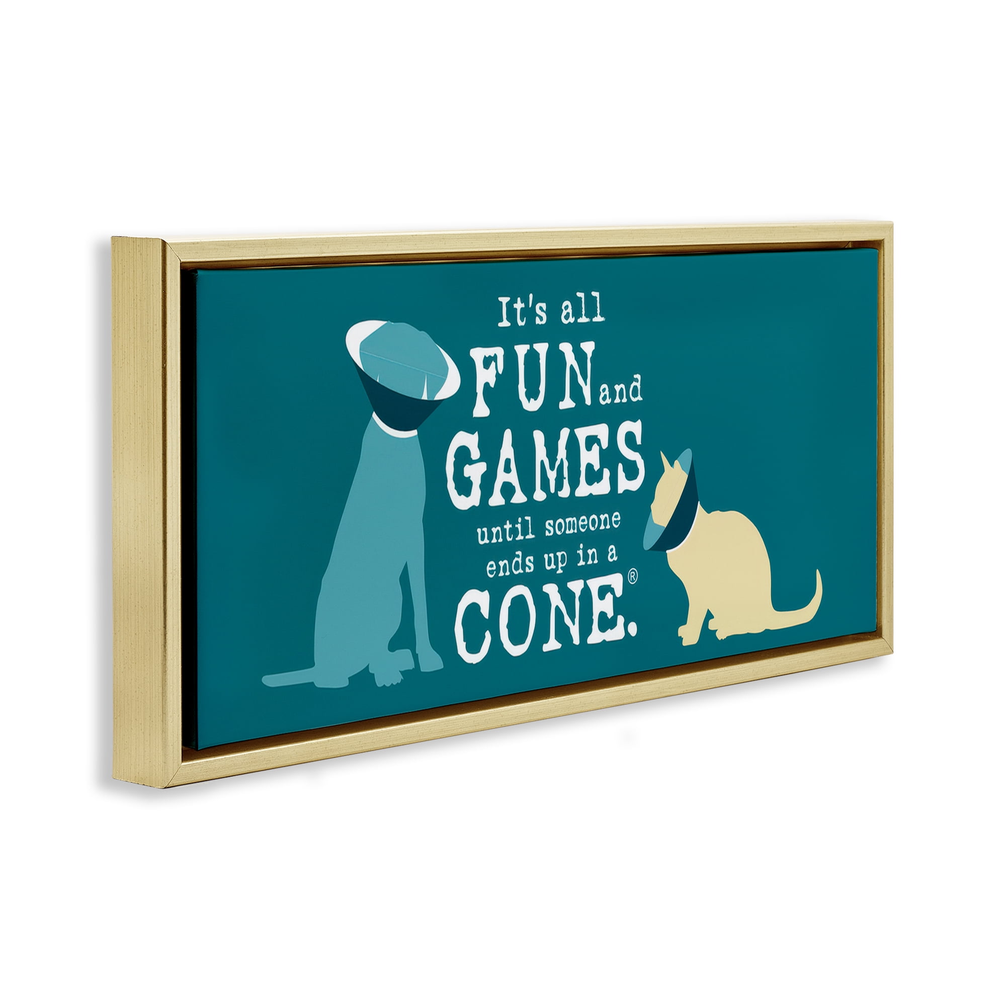 Stupell Industries Funny Cat & Dog Cone Animals Painting Gold Floater Framed Canvas Art Print Wall Art, 31 x 14