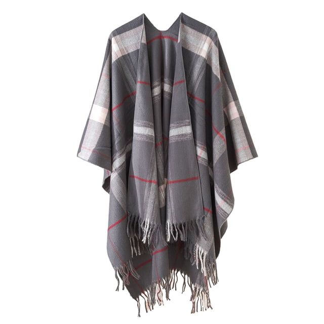 Women's Fashion Stripe Color Block Cloak Shawl Cardigan Warm Windproof Wrap for Autumn Spring Winter