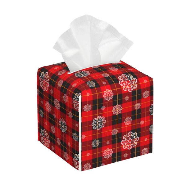Fotbe Snowflakes On A Buffalo Plaid Porta Pañuelos Decorativo de Cuero, Caja Cuadrada Moderna para Pañuelos Faciales, Organizador y Dispensador 5x5x5''