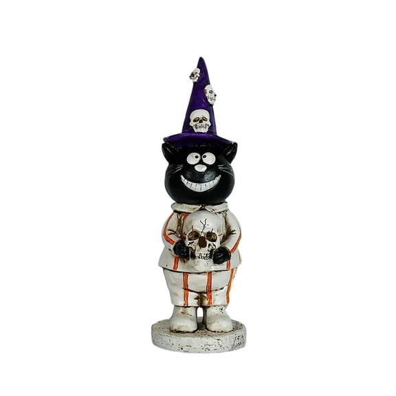Ktlvex Halloween Witch Black Cat Resin Figurine Holding Skull, Vintage Spooky Tabletop Statue, Indoor Mantel Shelf Decor Ornament for Halloween Fall Holiday Gift