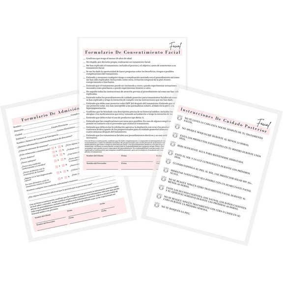 Spanish Facial Consent Form, Intake Form, Aftercare Form  75 Pack  8.5x11" inch Paper Size Form  Formularios Faciales Para Clientes  25 Consent Forms, 25 Client Intake Forms, 25 Aftercare Forms