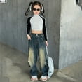 thumbnail image 4 of Girls Sweatpants,Wide Leg Jeans Loose Fit Retro Style Comfort Denim Casual Trousers,Girls Pants,Z06 Blue,9-10 Years, 4 of 8