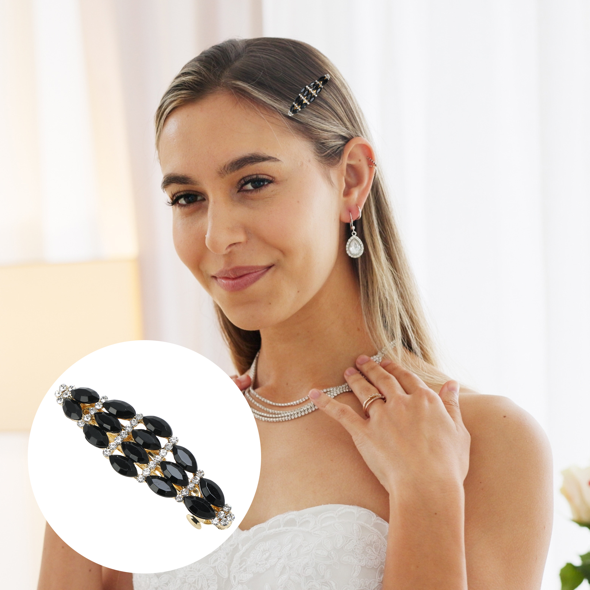 Unique Bargains Rhinestones Hair Barrettes 1 Pc Occasions Black, Gold Tone